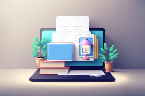 Concept of e-learning, online education at home. 3d render Stock Illustration
