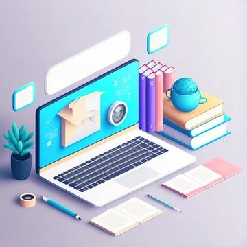 Concept of e-learning, online education at home. 3d render Illustration