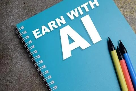 Concept of earn with AI write on book isolated on Wooden Table. Stockfoto's