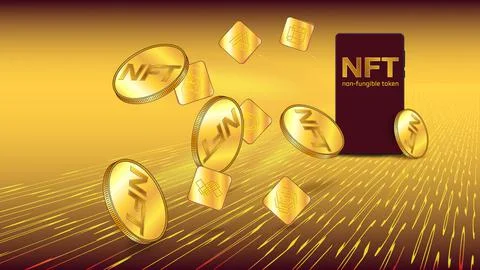 Concept of earning dollars USD on NFT non fungible token. Unique golden token Stock Illustration