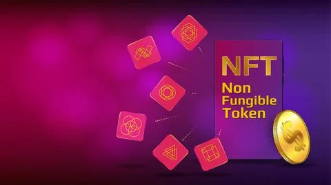 Concept of earning dollars USD on NFT. Unique tokens fly out from cellphone Stock Illustration