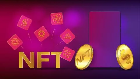 Concept of earning US dollars on NFT non fungible token using mobile phone. Stock Illustration