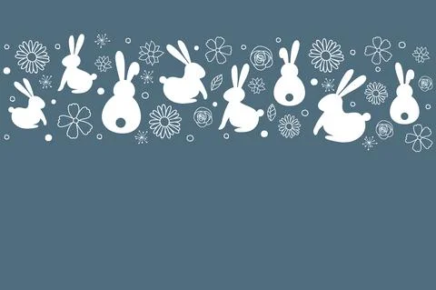 Concept of Easter background with hand drawn bunnies and flowers. Vector Illustrazione stock