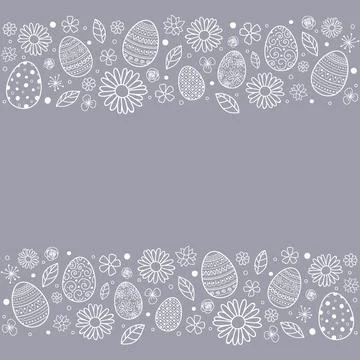 Concept of Easter background with hand drawn eggs and flowers. Vector Stock Illustration