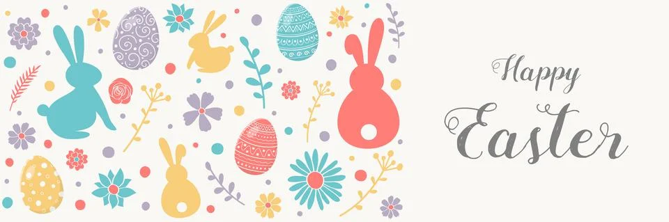 Concept of Easter greeting card with colourful bunnies, eggs and flowers. Ban Stock Illustration