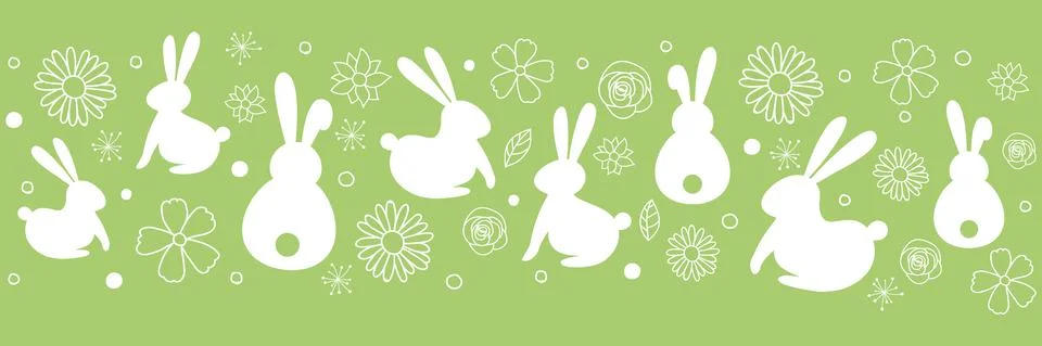 Concept of Easter header with hand drawn bunnies and flowers. Vector Stock Illustration