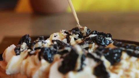 The concept of eating dessert. Eat less dessert and exercise regularly.,Toast Video stock 83232874