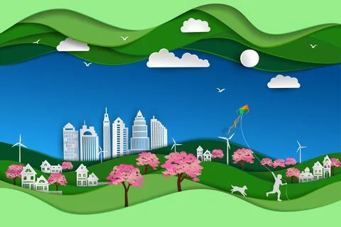 Concept of eco friendly and save the environment with green nature landscape  Stock Illustration