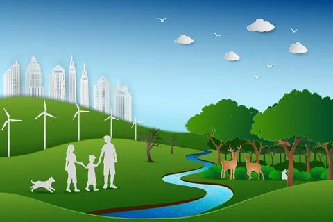 Concept of eco friendly and save the environment conservation,Family back to  Illustrazione stock