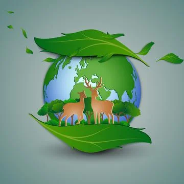 Concept of eco friendly save the environment conservation,Deer family standin Stock Illustration