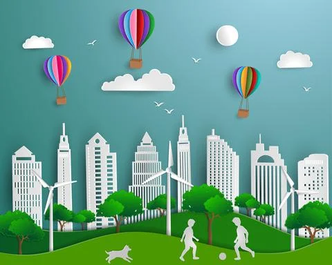 Concept of eco friendly save the world and environment,paper art scene backgr Stock Illustration
