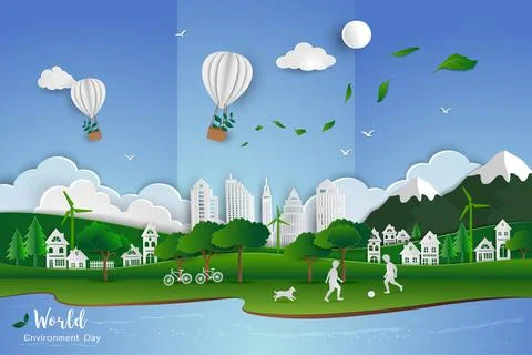 Concept of eco friendly save the world and environment,Childs playing soccer  Stock Illustration