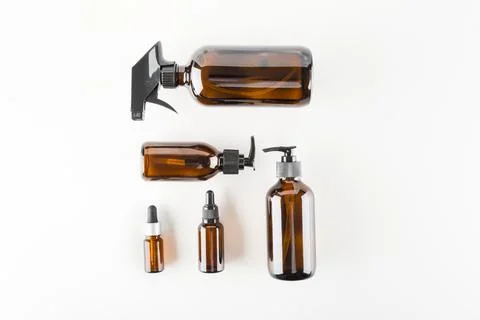 Concept of ecological cosmetics without plastic in glass bottles Stock Photos