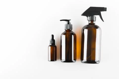 Concept of ecological cosmetics without plastic in glass bottles Stock Photos
