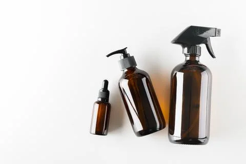 Concept of ecological cosmetics without plastic in glass bottles Stock Photos