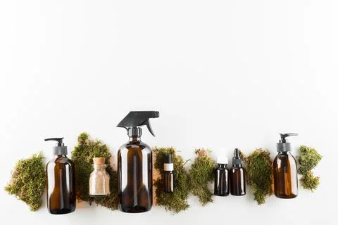 Concept of ecological cosmetics without plastic in glass bottles Stock Photos