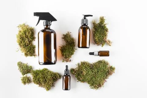 Concept of ecological cosmetics without plastic in glass bottles Stock Photos