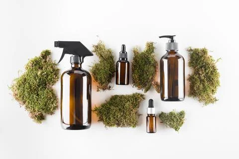 Concept of ecological cosmetics without plastic in glass bottles Stock Photos