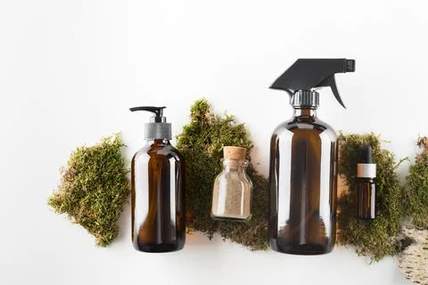 Concept of ecological cosmetics without plastic in glass bottles Stock Photos