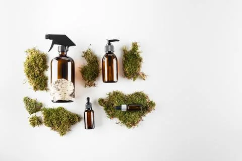 Concept of ecological cosmetics without plastic in glass bottles Stock Photos
