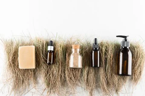 Concept of ecological cosmetics without plastic in glass bottles Stock Photos