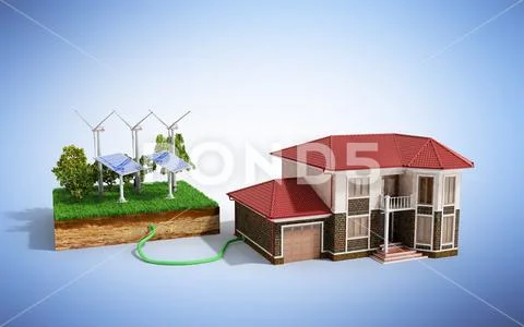 The concept of ecologically clean energy The house is connected to solar pane Stock Illustration