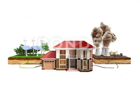 The concept of ecologically clean energy The house is connected to solar pane Stock Illustration