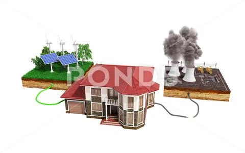 The concept of ecologically clean energy The house is connected to solar pane Stock Illustration