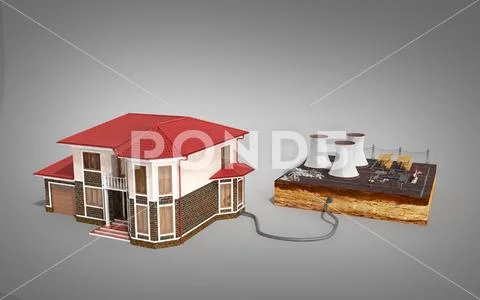 The concept of ecologically clean energy The house is connected to thermal po Stock Illustration