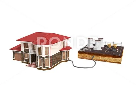 The concept of ecologically clean energy The house is connected to thermal po Stock Illustration