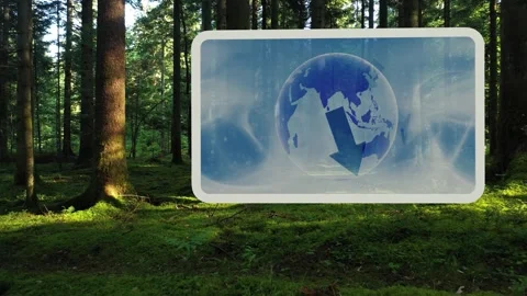 Concept ecology earth planet on screen display in the mossy forest Stockbeeldmateriaal 341830996