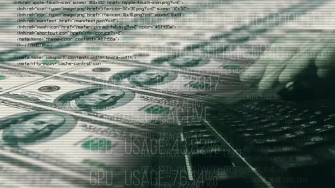 The concept of e?commerce. Dollars, digital code, hands, keyboard. 4K Vídeo Stock 343732658