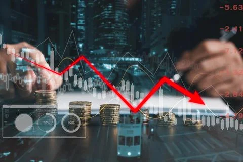 Concept of economic collapse by falling graph, chart, highlighting global r.. Stock Photos