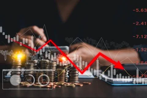 Concept of economic collapse by falling graph, chart, highlighting global r.. Stock Photos