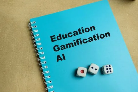 Concept of education gamification AI write on book isolated on Wooden Table Stockfoto's