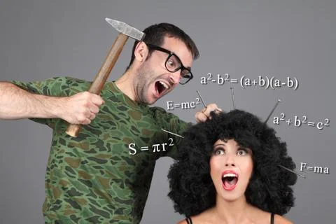 Concept - Education. Putting information in head. Hammer knowledge into a head. Stock Illustration
