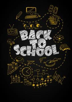 Concept of education. School background with hand drawn school supplies and c Stock-Illustration