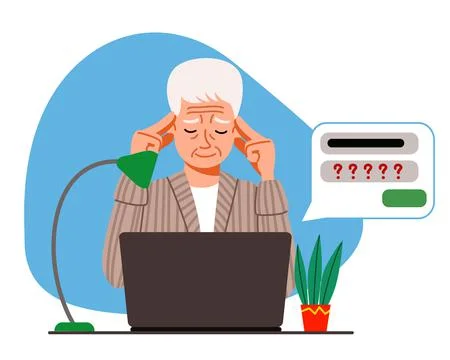 The concept of an elderly person thinking on a laptop. The old man forgot his Stock Illustration