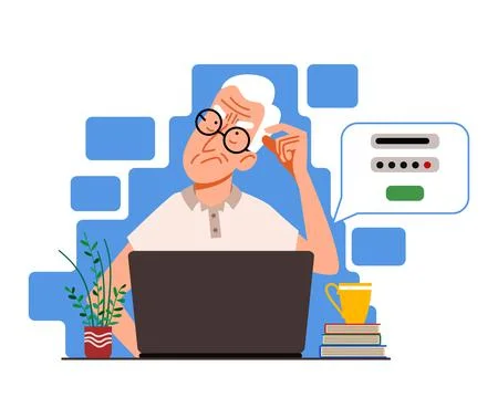 The concept of an elderly person thinking on a laptop. The old man forgot his Stock Illustration