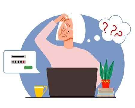The concept of an elderly person thinking on a laptop. The old woman forgot his Stock Illustration