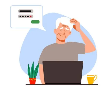 The concept of an elderly person thinking on a laptop. The old man forgot his Stock Illustration