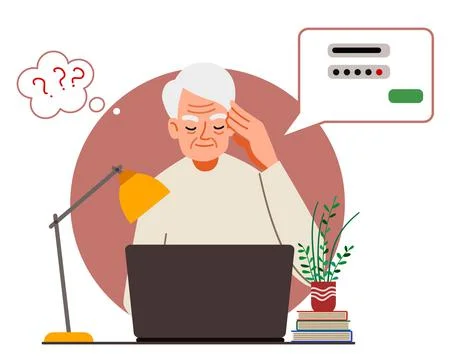 The concept of an elderly person thinking on a laptop. The old man forgot his Stock Illustration