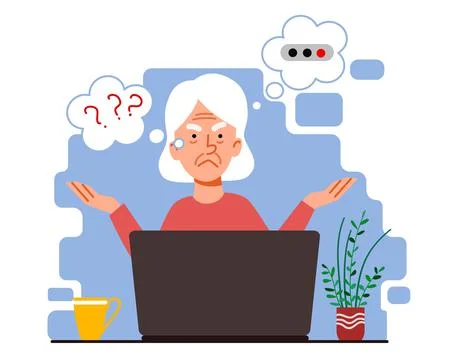 The concept of an elderly person thinking on a laptop. The old woman forgot his Stock Illustration