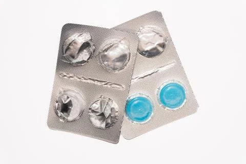 Concept Empty pill blister pack, white background, virus and disease, pill Foto stock