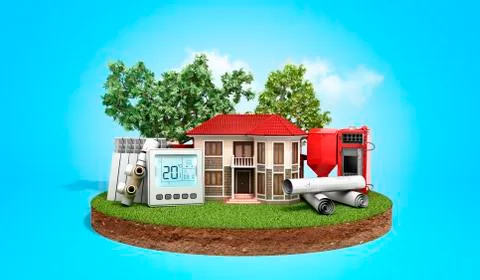 Concept of energy saving house on a piece of land near wood boiler batteries  Stock Illustration