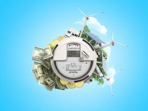 Concept of energy saving the meter of electricity with solar panels and a win Stock Illustration