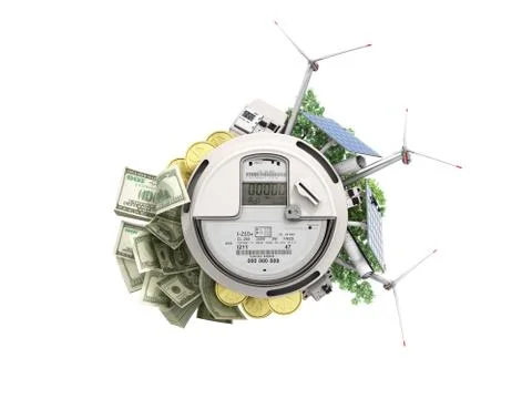 Concept of energy saving the meter of electricity with solar panels and a win Stock Illustration