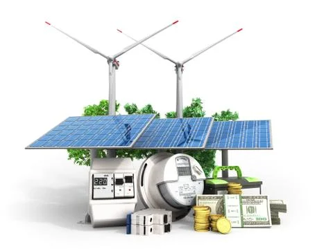 Concept of energy saving solar panels and a windmill near the meter of electr Stock Illustration