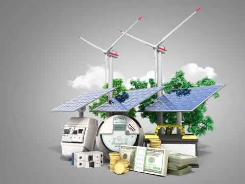 Concept of energy saving solar panels and a windmill near the meter of electr Stock Illustration