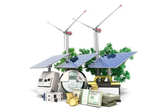 Concept of energy saving solar panels and a windmill near the meter of electr Stock Illustration